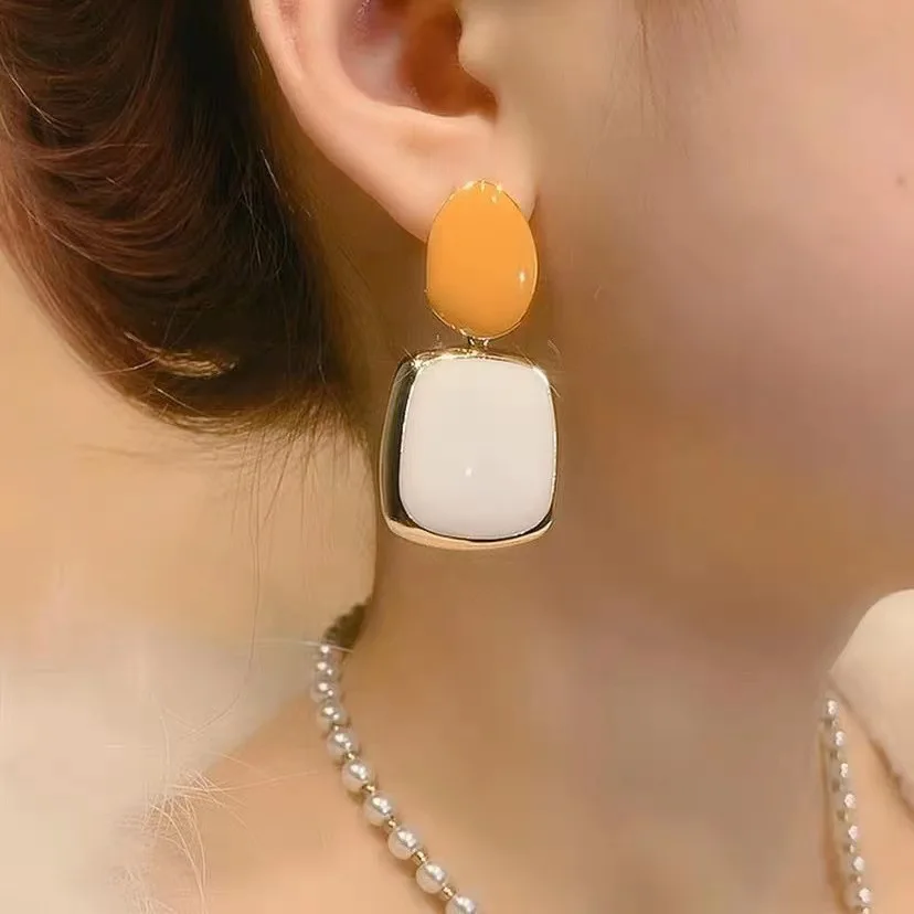 Orange Square Drop Earrings - Contrast Glaze Korean Style Jewelry