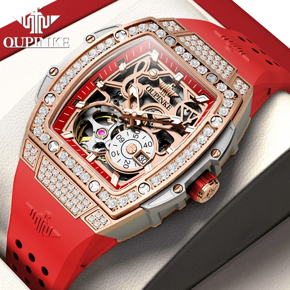 OUPINKE 3220 Automatic Mechanical Women's Watch Skeleton Auto Date Dial Silicone Strap Luxury Elegant Women's Watch