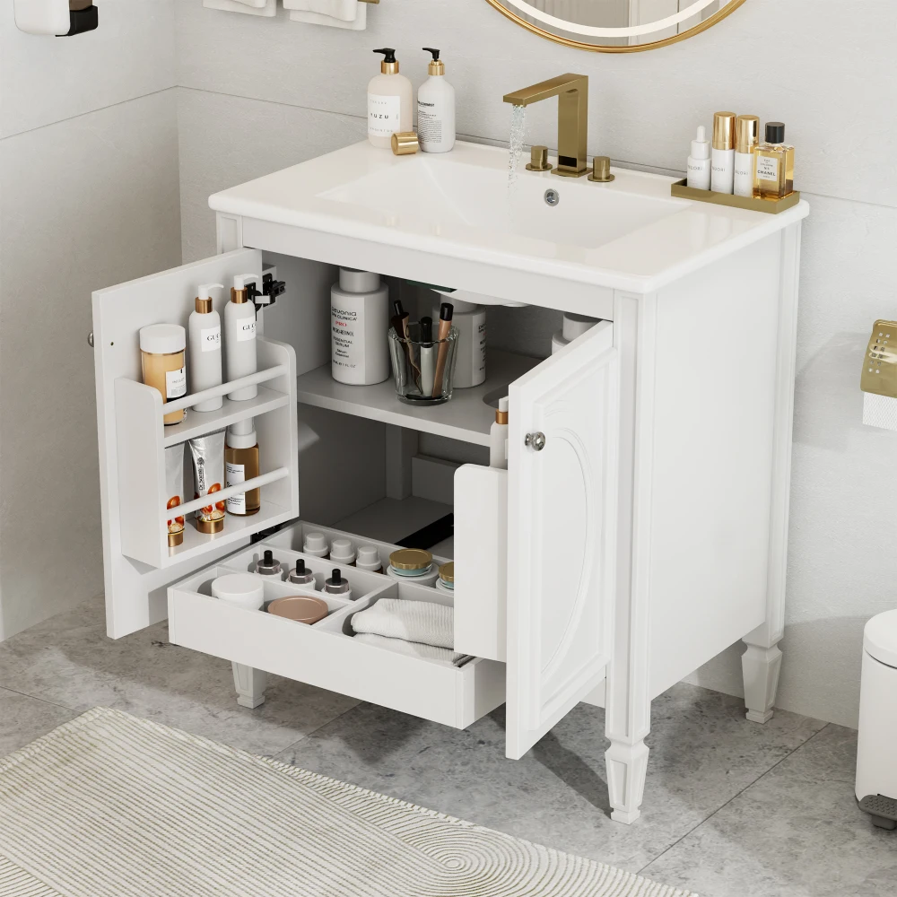 

30"Vintage Style Bathroom Vanity,Water-Resistant Wood One Cabinet Vanities w/Soft Close Door Hinges,Pre-driled Faucet HolesWhite