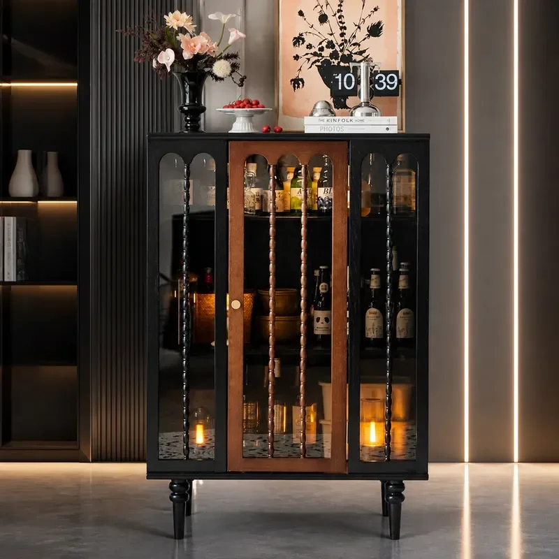 for Solid Wood Glass Wine Cabinet French Living Room Wall Dining Side Cabinet Retro Locker Figure Storage Display Paint