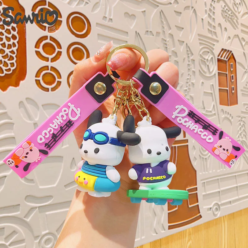 Sanrio New Sports Pochacco Model Pendant Keychain Anime Skateboard Pochacco Children Toys Keychains Women Kawaii Bags Keyring