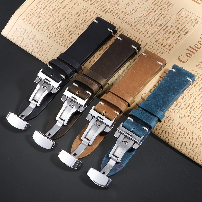 Tali Kulit Sapi Jahitan untuk Omega 18/19/20/21/22/24Mm untuk Gelang Tangan Tali Jam Tangan Kulit Antik untuk Gesper Kupu-kupu Seiko