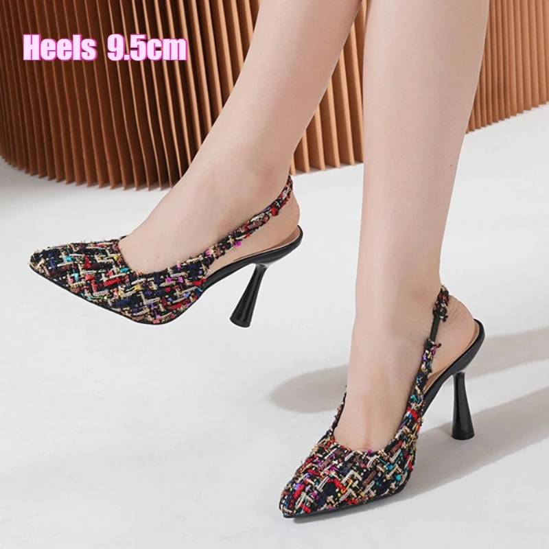 

Твидовые туфли-лодочки с острым носком и ремешком на щиколотке, женские, на шпильке 9,5 см, разноцветные, в клетку, для свадьбы и вечеринок