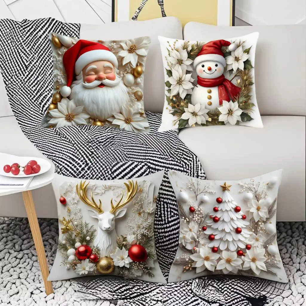 

1pcs Classic Christmas Pillow Cover Cartoon Tree Reindeer Snowman Print Decorative Cushion Case Home Holiday Party Sofa Decor
