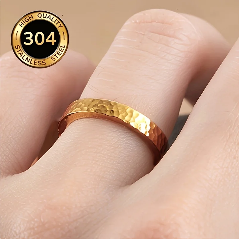 1PC Vintage Hammered Ring for Women, Stainless Steel Plain Band, Non-Fade Couple Ring, Fashion Simple Ring for Daily & Wedding W