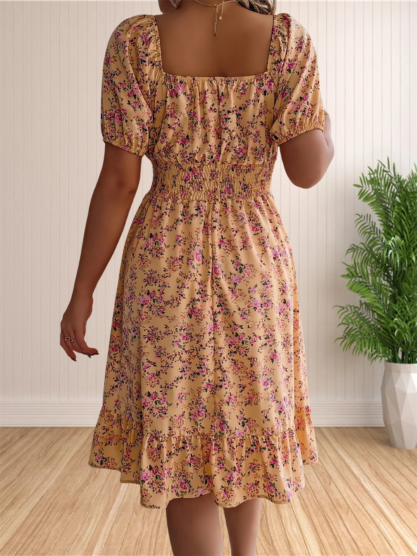 Women\'s Floral Print Square Neck Puffy Short Sleeve Casual Summer Ruffle Swing Dresses