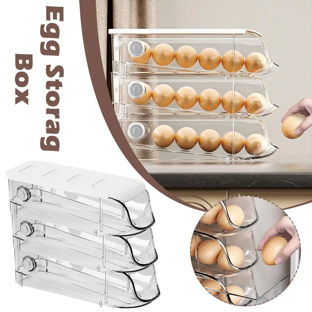 Clear Egg Tray Organizer for Refrigerator Egg Holder Auto-Scrolling Egg Storage Container Dispenser for Refridge with Lid