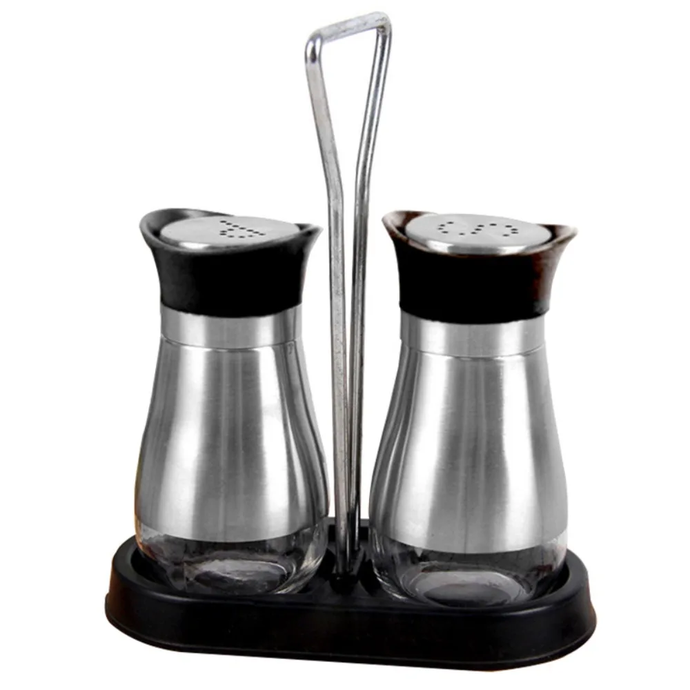 

2Pcs/Set Salt & Pepper Kitchen Glass Spice Bottle Refillable Black Seasoning Shaker Set with Pour Holes with Rack Condiment Jar