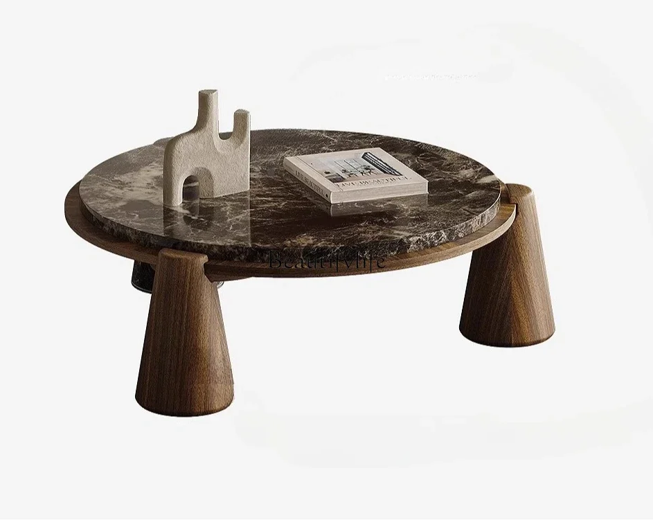 

FG44*Wabi sand wind marble coffee table round small apartment designer high-end light luxury walnut high-end medieval tea table