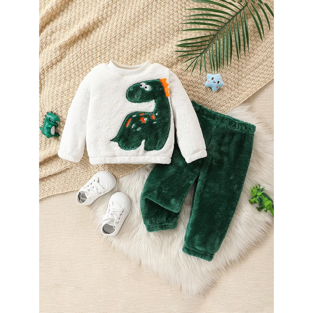 0-3Years Newborn Baby Boy&Girl Outfits Long Sleeved Dinosaur Patterned Plush Top with Green Warm Pants Autumn and Winter Set