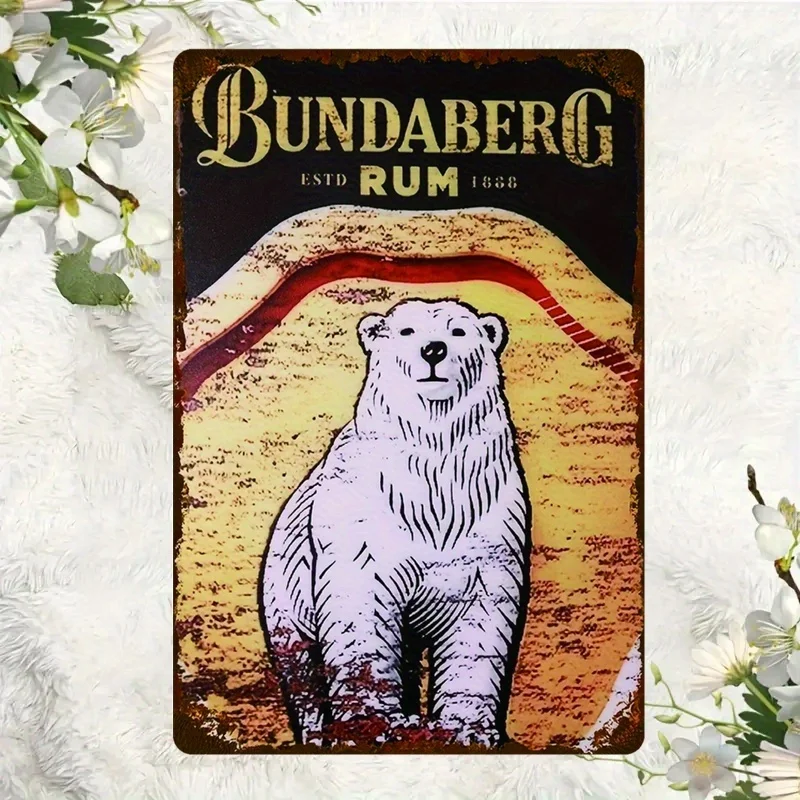 Bundaberg Rum 1888 Vintage Metal Wall Sign | Rustic Iron Decor | White Bear Illustration | Multi-Use Indoor/Outdoor | Weathered