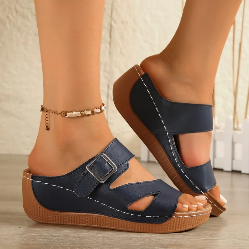 Leopard Print Round Toe Open Toe Hollow Metal Buckle Slippers Summer New Thick Bottom Waterproof Platform Women's High Heels