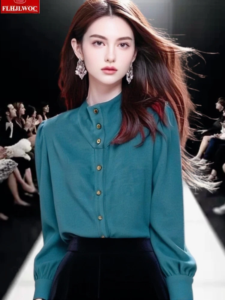 

Retro Vintage Stand Collar Tops Blouses New Year Fashion Woman Autumn Long Sleeve Elegant Office Lady Pink Green Basics Shirts