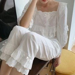 Home Nightwear Women Autumn White Cotton Pajamas Sets Vintage Long Sleeve Cute Sleep Tops Bottoms Pants Kawaii Pyjamas Sleepwear