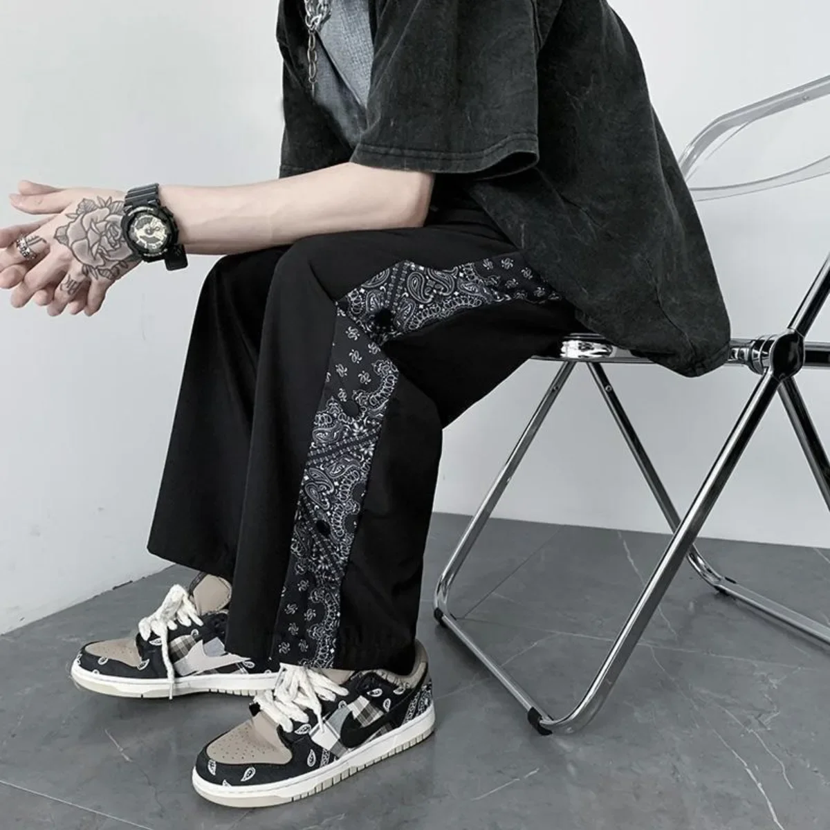 

2025 New in Spring Summer Men's Casual Pants Black Drawstring Straight Wide Leg Trouser Male Trendy Baggy Fashion Loose Fit