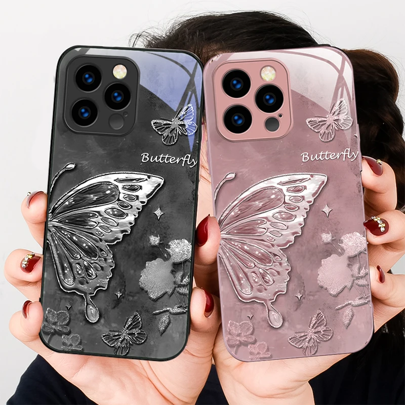 

Gradient Half Butterfly For iPhone 16 E 15 14 13 Plus 12 mini 11 Pro Max 11Pro XR Xs X 7 8 P lus 6 16E Tempered Glass Phone Case