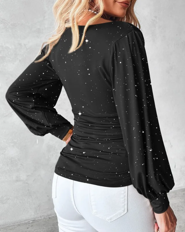 بلوزة أنيقة بالترتر الأحمر بأكمام طويلة وخصر مكشكش - قماش بوليستر متماسك مثالي للربيع/الصيف/الخريف أنيق Bl #4