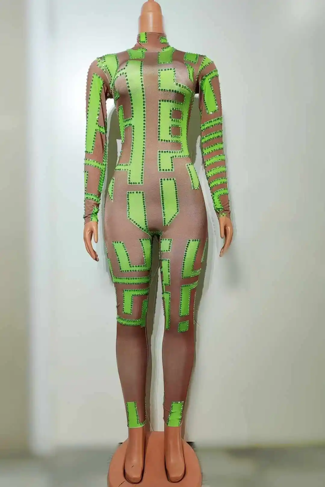 

2025 Women Stretch Spandex Rhinestone Dance Jumpsuits Outfit Halloween Costume Pole Stage Wear Drag Queen Bodysuits