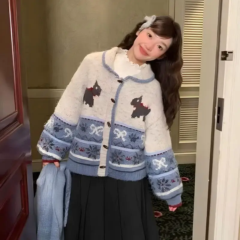 

Японский осенне-зимний винтажный вязаный кардиган в стиле Лолиты, женский кавайный свитер с воротником Питера Пэна и мультяшным узором, джемперы в стиле Харадзюку Y2k