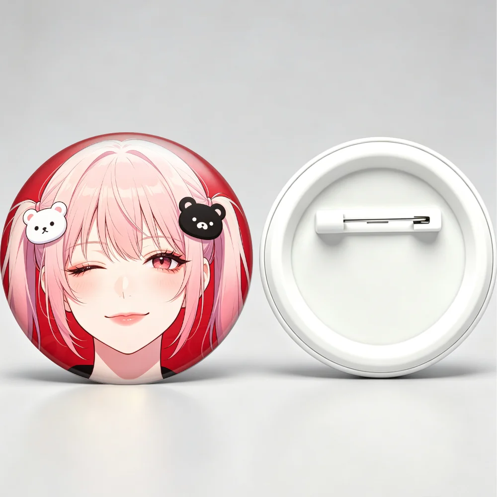 Anime Tinplate Badge Round Brooch Pin, Pink Twin Tail Girl with Black & White Bear Clips Lapel Pin, Red Background Decor Gift