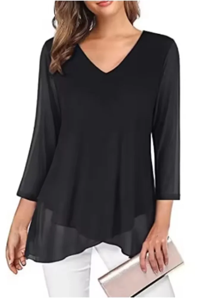 V-hals bedrukt geplooid casual dames-T-shirt met lange mouwen Straat Veelzijdig Elegant woon-werkstijl Lentetop