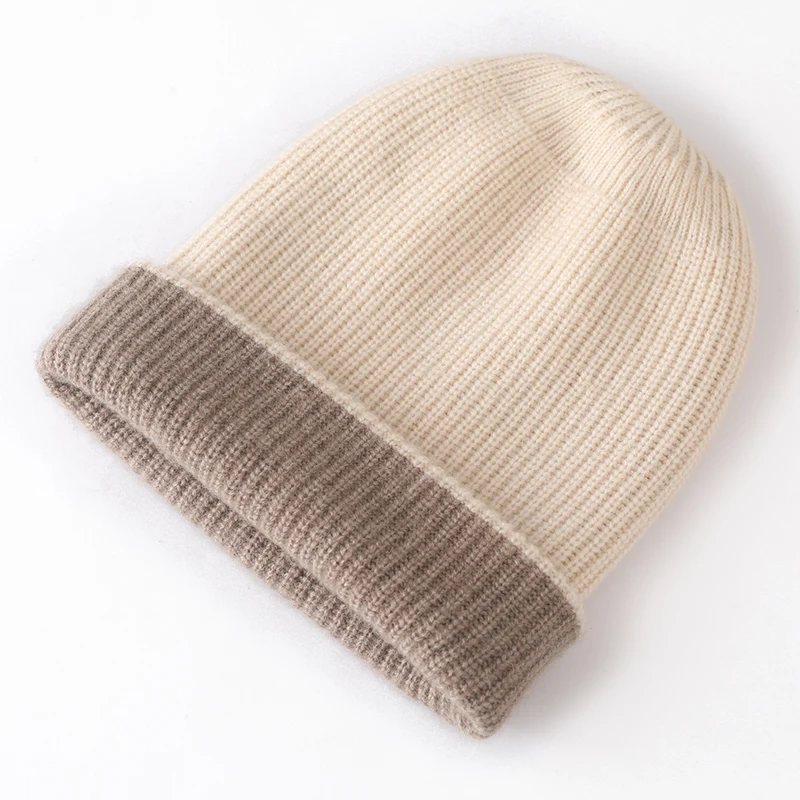 

100%Cashmere Knitted Hat For Women Winter Thick 2Side Wearable Ski Beanie Bonnet Warm Pullover Cap Korea Fashion Soft Skullies