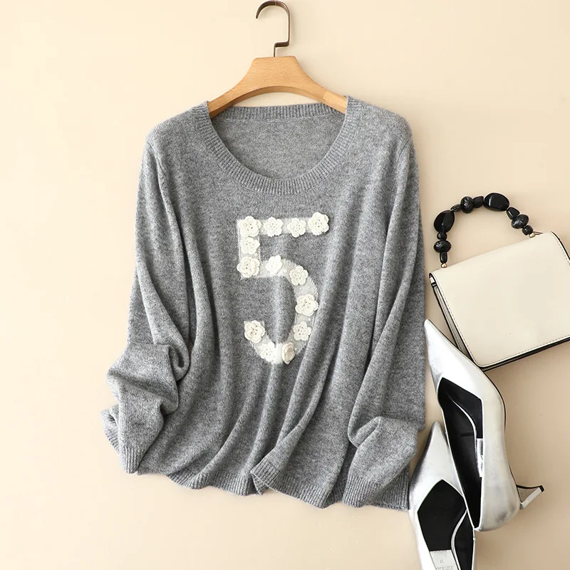 autumn winter korean trendy cozy 100% cashmere embroidery sweater