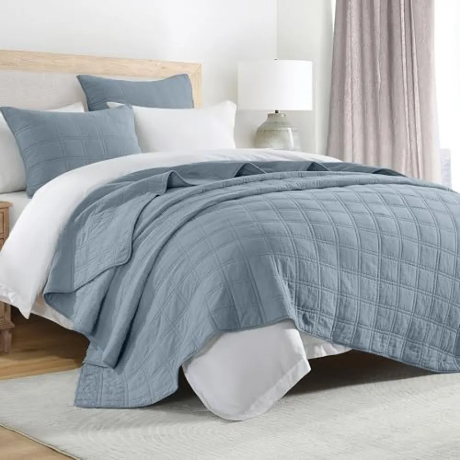 100% Cotton Quilt Set Queen Size Adriatic Blue Pre-Washed Bedspreads Coverlet Set in Geometric Pattern Cozy Lightweight Stitchi