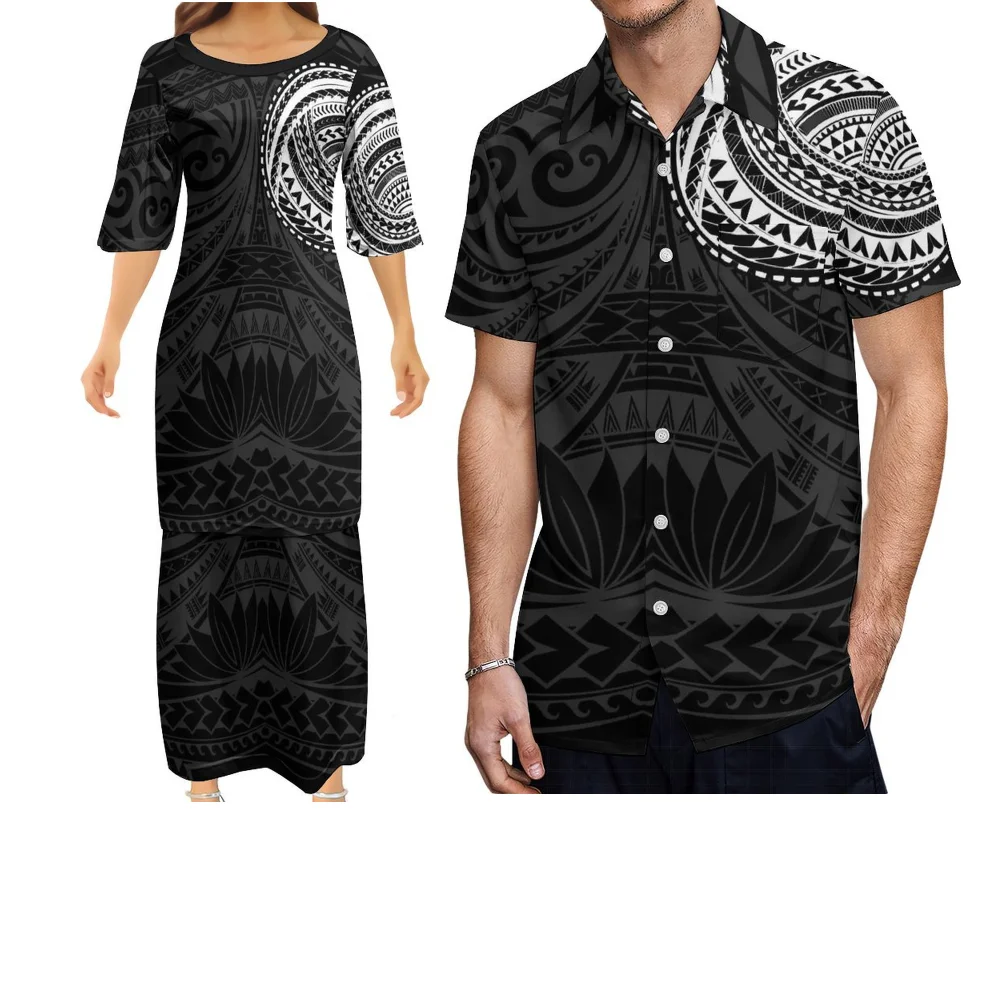 

Polynesian Casual Men'S Shirt And Women'S Puletasi Dress Couple'S Set Custom-Made Daily Summer Short-Sleeved Clothing