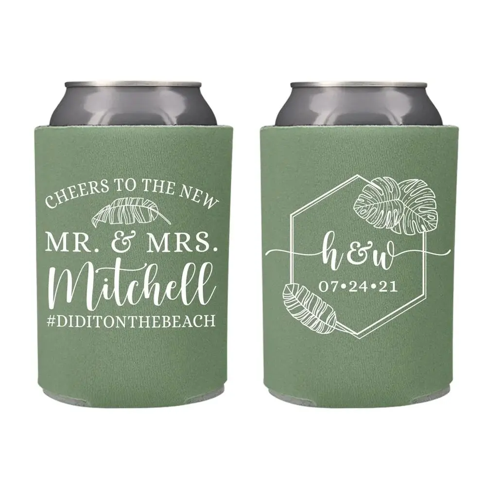 

Wedding Can Cooler #167R - Cheers to The Mr and Mrs - Custom - Destination Wedding, Wedding Favors, Wedding Favor, Beer Holder,