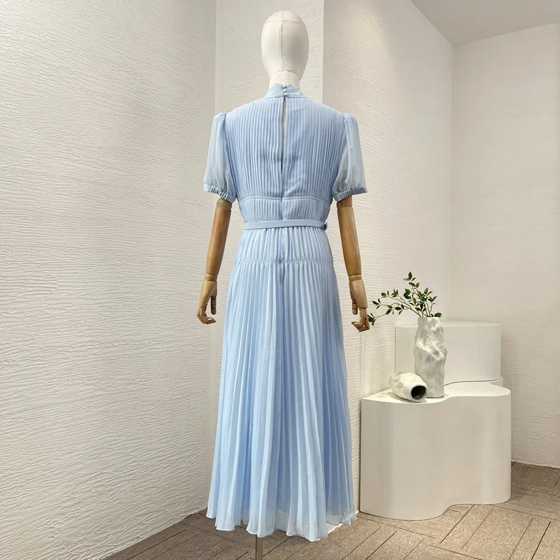 New Arrivals Spring Summer Blue Short Sleeve Bow Ruched Girdle Self Tie Belt Women High Quality Midi Dress