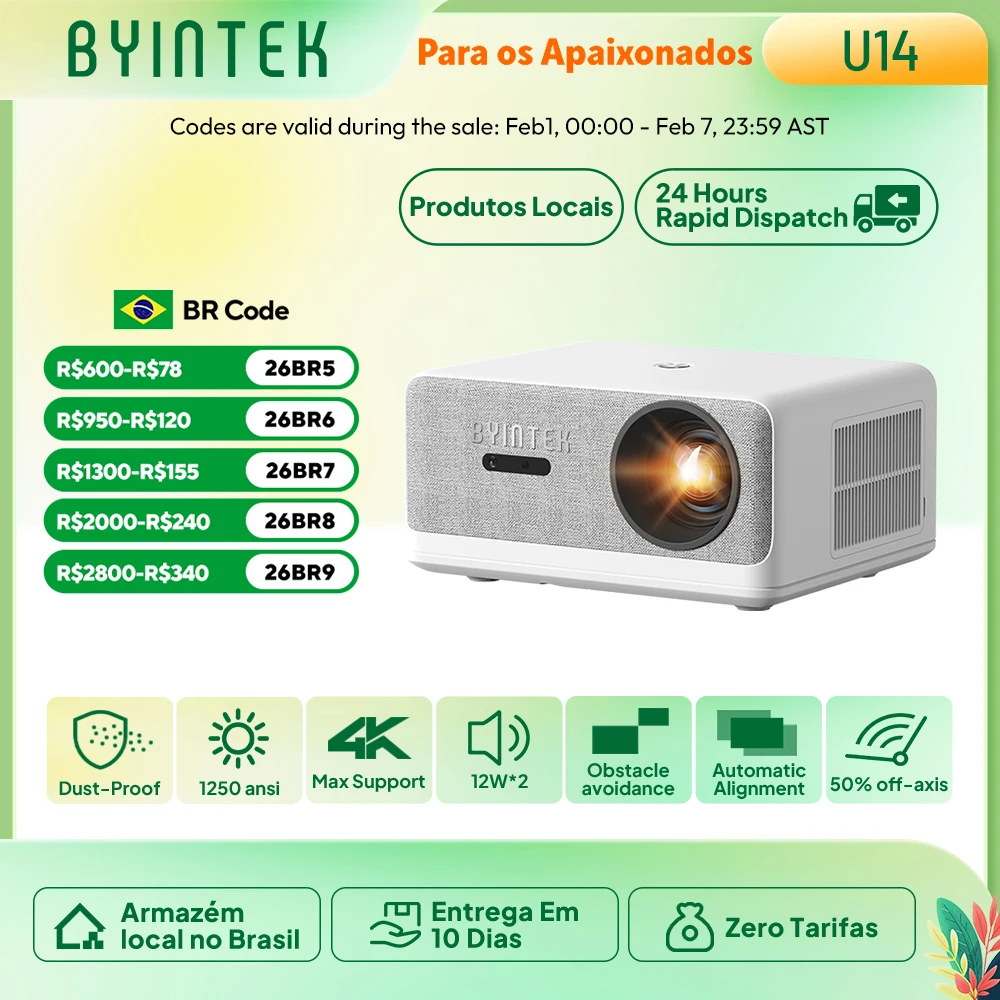 BYINTEK LOVE U14 Full HD 1080P Projetor 4K Inteligente Bluetooth WiFi 6 Suportado 1250ANSI Foco Automático Projetores de Cinema Home Theater