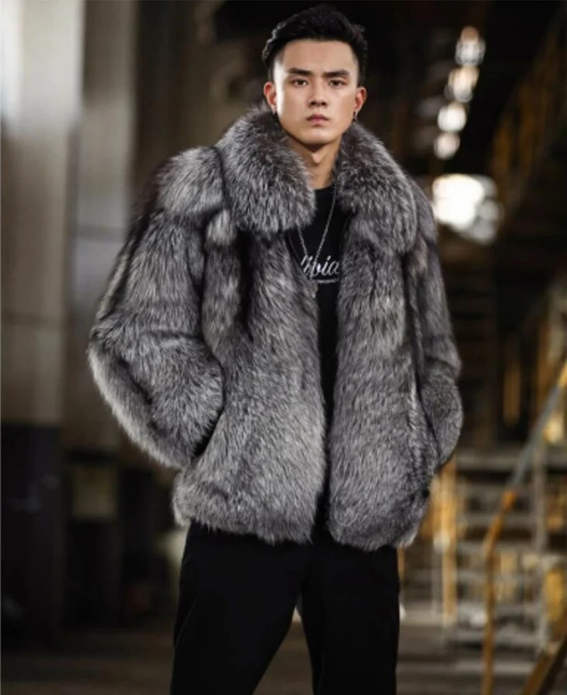 เสื้อโค้ทผู้ชายขนสัตว์เทียมลายขนสุนัขจิ้งจอกแบบสั้น สไตล์ฤดูใบไม้ร่วงและฤดูหนาว ให้ความอบอุ่น เสื้อโค้ทขนสุนัขจิ้งจอกสีเงิน เสื้อแจ็คเก็ตหนังผู้ชาย