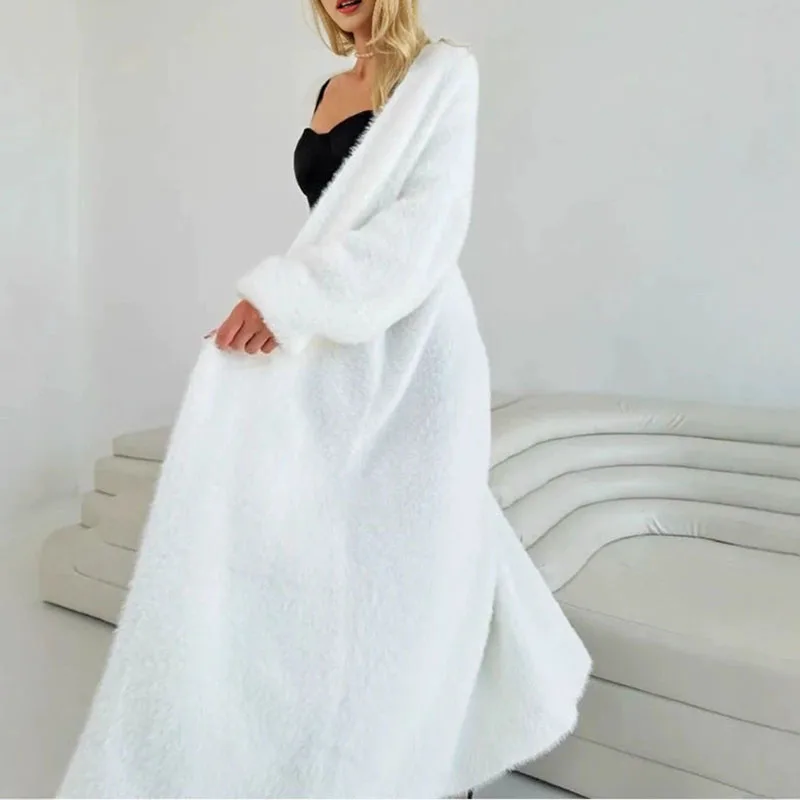 

Осень-зима, новая женская однотонная верхняя одежда, модное простое женское длинное вязаное пальто, меховые кардиганы с v-образным вырезом и длинными рукавами для отдыха