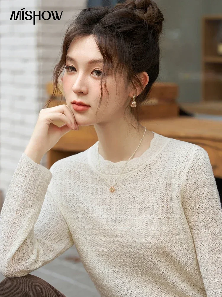 MISHOW Women\'s French Knit Top 2024 Autumn Winter Elegant Long Sleeve T-shirt Female Office Lady Solid Textured Tops MXC57Z0356