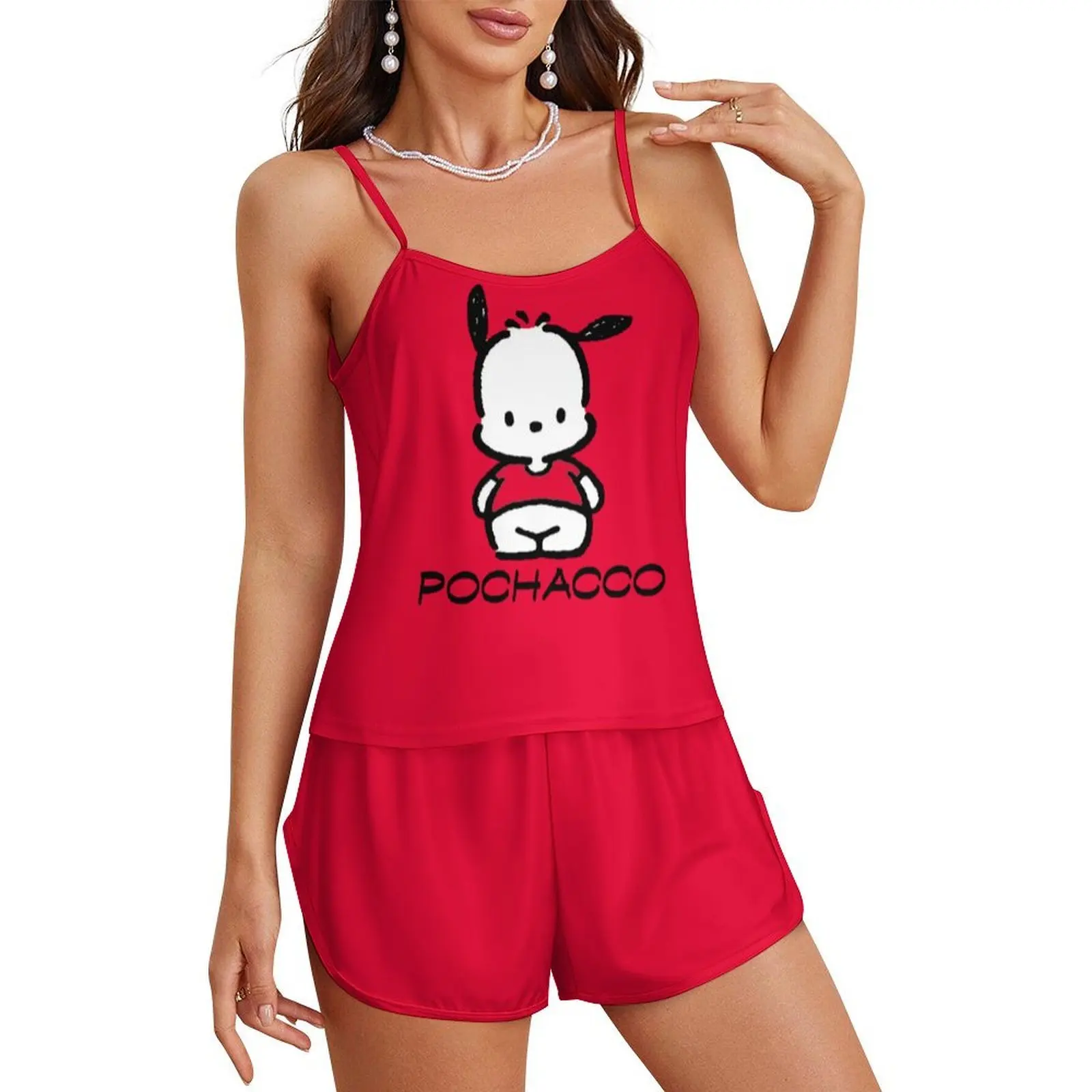 

Pochacco Pajama Set Womans Sanrio Cartoon Strap Pyjamas Cute Dog Nightwear Suit Ice Silk Homewear Soft Nightclothes Top Shorts