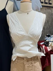 Back Lace-up Slim Tank Top Woman Clothes Sexy V-neck Sleeveless White Vest Summer Sweet Cute Preppy Style Casual Basic Crop Tops