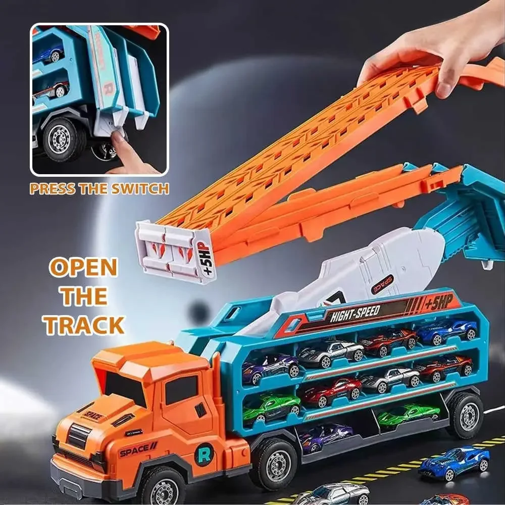 Deformed Rail Car 3 Layer Folding Lift Racetrack Freight Truck Glide Inertia Alloy Car Transport Vehicle Toy Kid Christmas Gifts