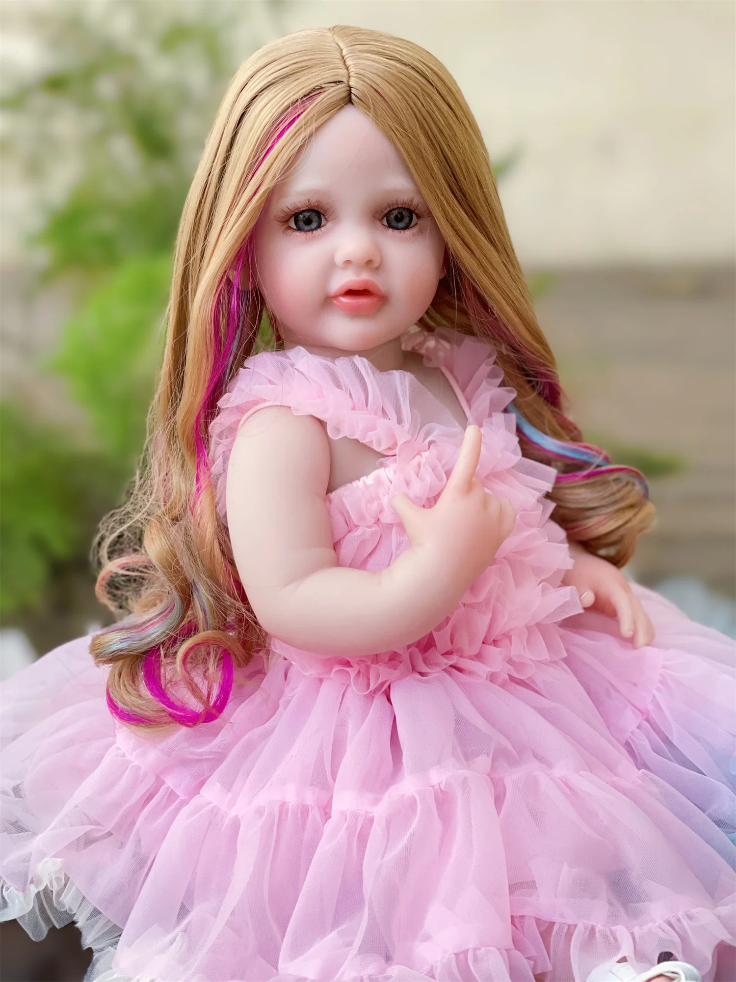 56CM Open Eyes Betty Full Body Vinyl Girl Doll With Long Hair And Pink Dress Painted Skin Handmade Waterproof Bebe reborn dolls