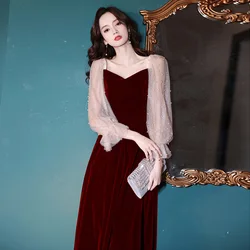 Wine Red V-neck Evening Dress Women Elegant Beading Tulle Long Sleeved Engagement Dresses Luxury Velvet A-Line Prom Vestido