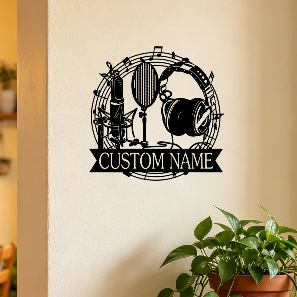 1Pc Custom Recording Studio Metal Wall Decor, Personalized Name Microphone Headphone Music Metal Wall Art Custom Gift