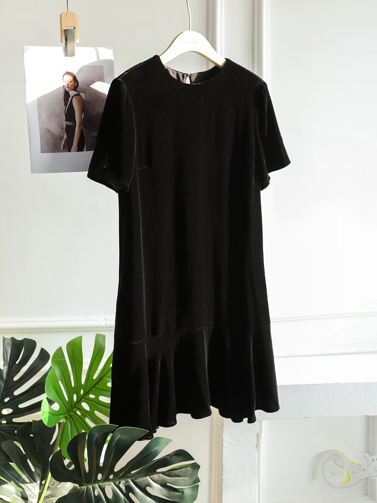 BirdTree, Natural Silk Velvet Elegant Dress, Women Short Sleeve O Neck Black, French Fashion Dresses, 2024 Summer Fall D46992QM