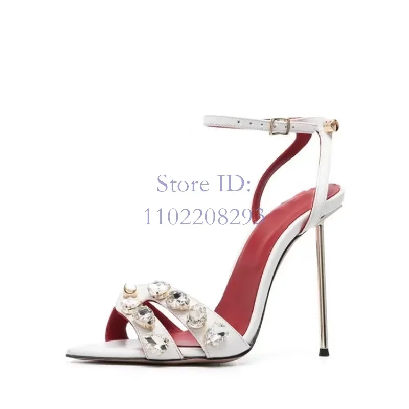 

Retro Crystal White Thin High Heels Sandals Round Toe Solid Back Buckle Strap Stiletto Sandals Women Fashion Shows Shoes 2024