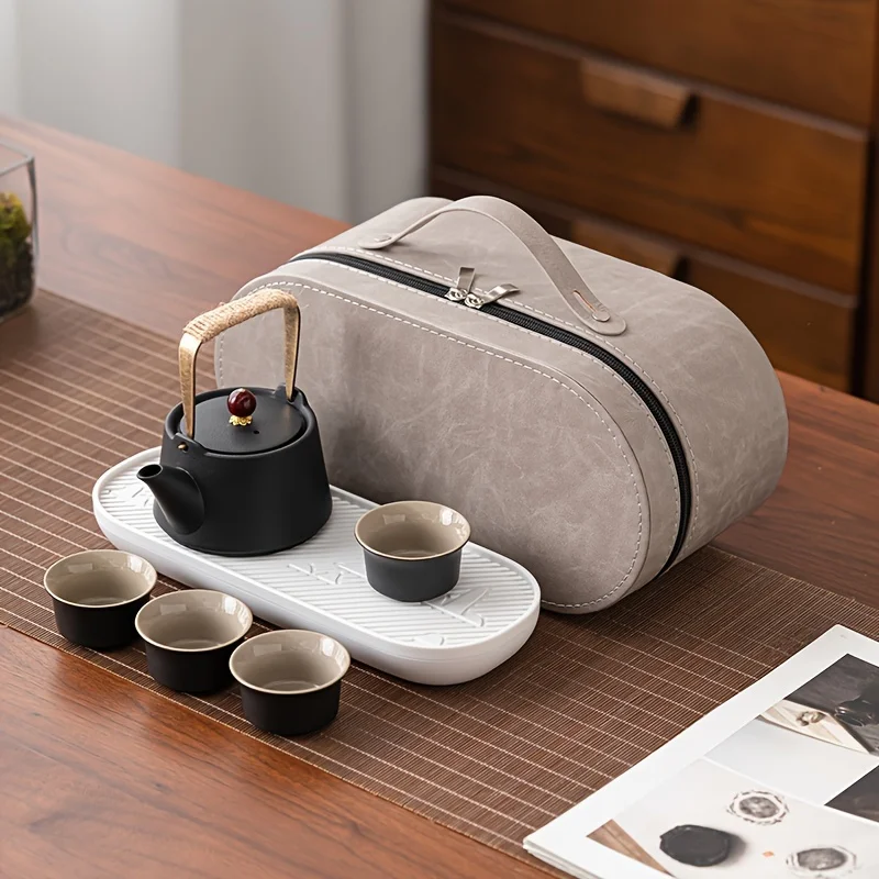 1Set Ceramic Kung Fu Tea Set Handle Pot 4 Cups Tea Tray Storage Bag Outdoor Travel Portable Teapot Complete Set of Tea Utensils