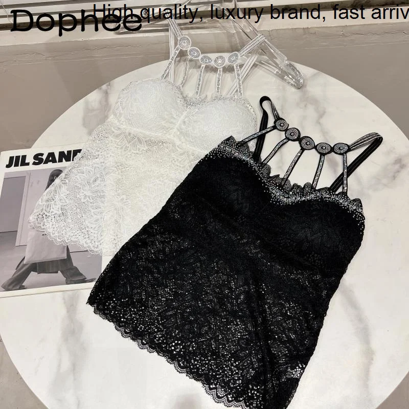 

Drilling Rhinestone Hot Sexy Halter Hollow Vest Female Socialite Chest Pad Lace Black Camisole Women 2023 Summer New Tops Mujer