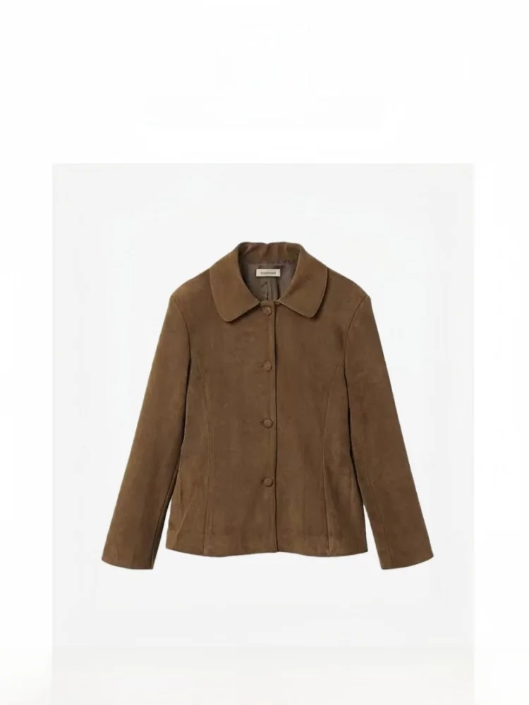 

Retro Sle Women's Suede Jaet Slim Fit Waist Cinched Stand Collar Korean Sle Long Sve ort Coat Daily Wear