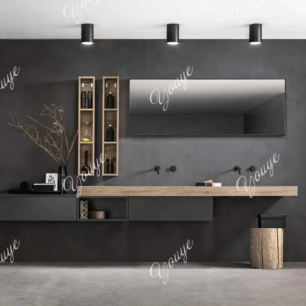 

Mid-Century Wall-Mounted Double Vanity: Oak/Walnut with Marble Luxury Stone Top & Undermount Basins - Retro Bathroom