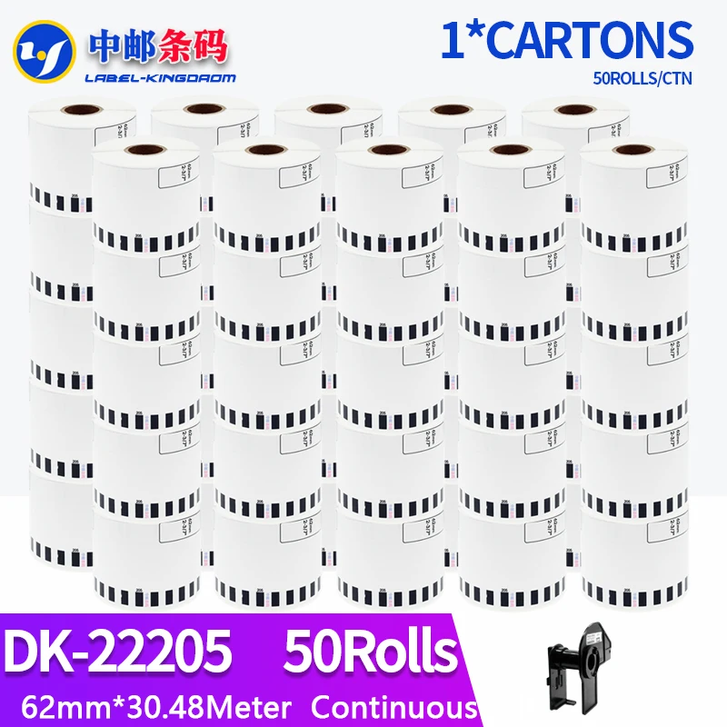 50 Rolls Generic DK-22205 Label 62mm*30.48M Continuous Compatible for Brother QL-570/700/720 Label Printer DK-2205