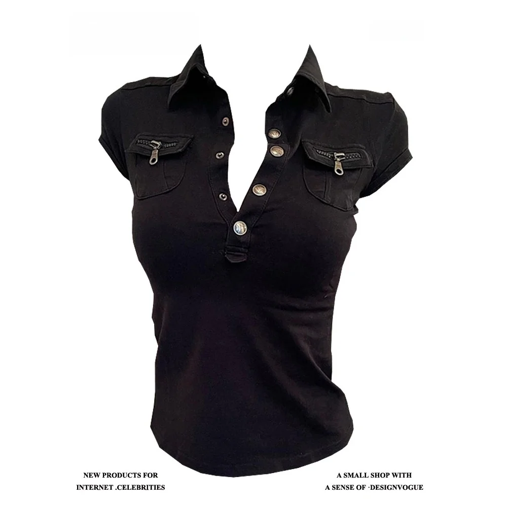

Cool Special Agent Zipper ket irt Women's Metal Bule Waist ort Sve Turn-down Collar Workwear Summer Casual S...