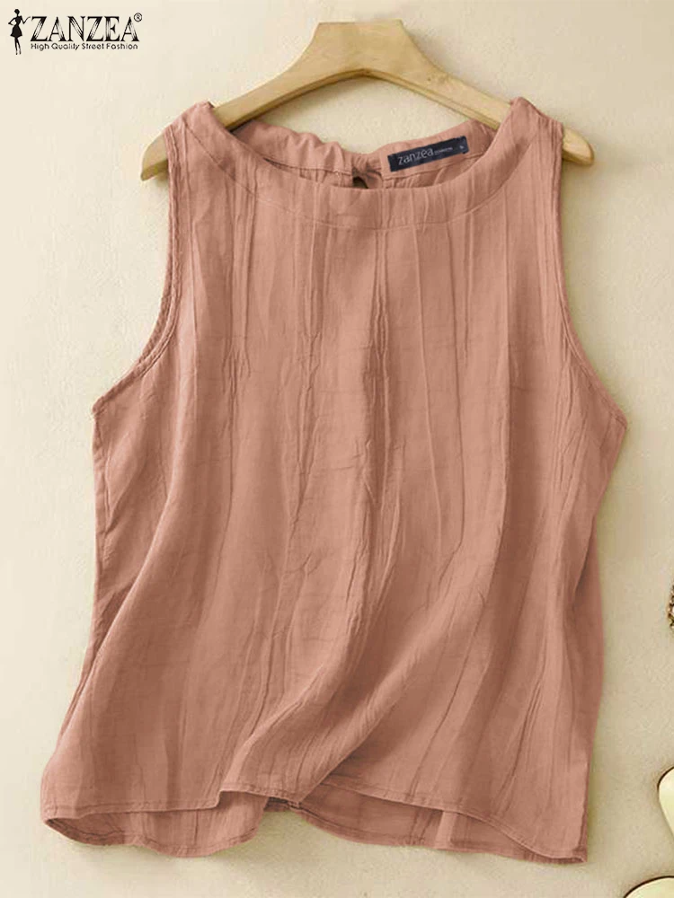 Women Camis Summer Tanks Tops ZANZEA Female Vintage Beach Holiday Blouse Casual Loose Chemise O Neck Sleeveless Shirt Mujer 2024